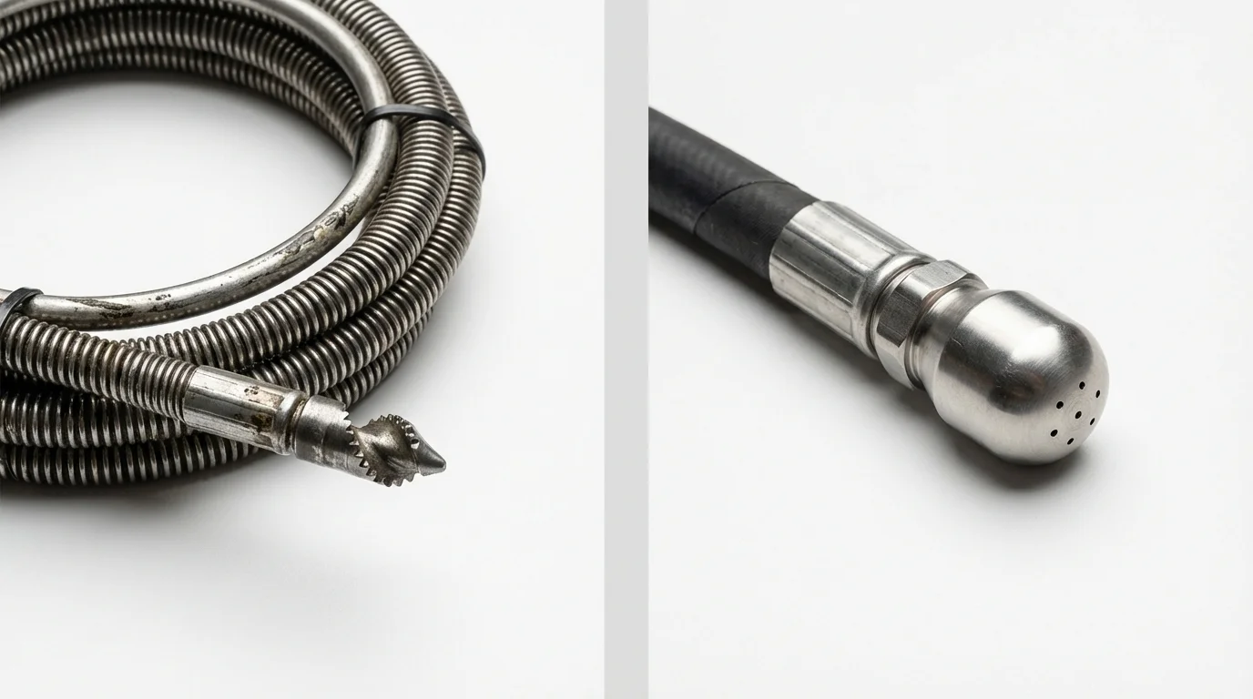 Drain snake cable and hydro jetting nozzle used for drain cleaning in Mapleton, UT