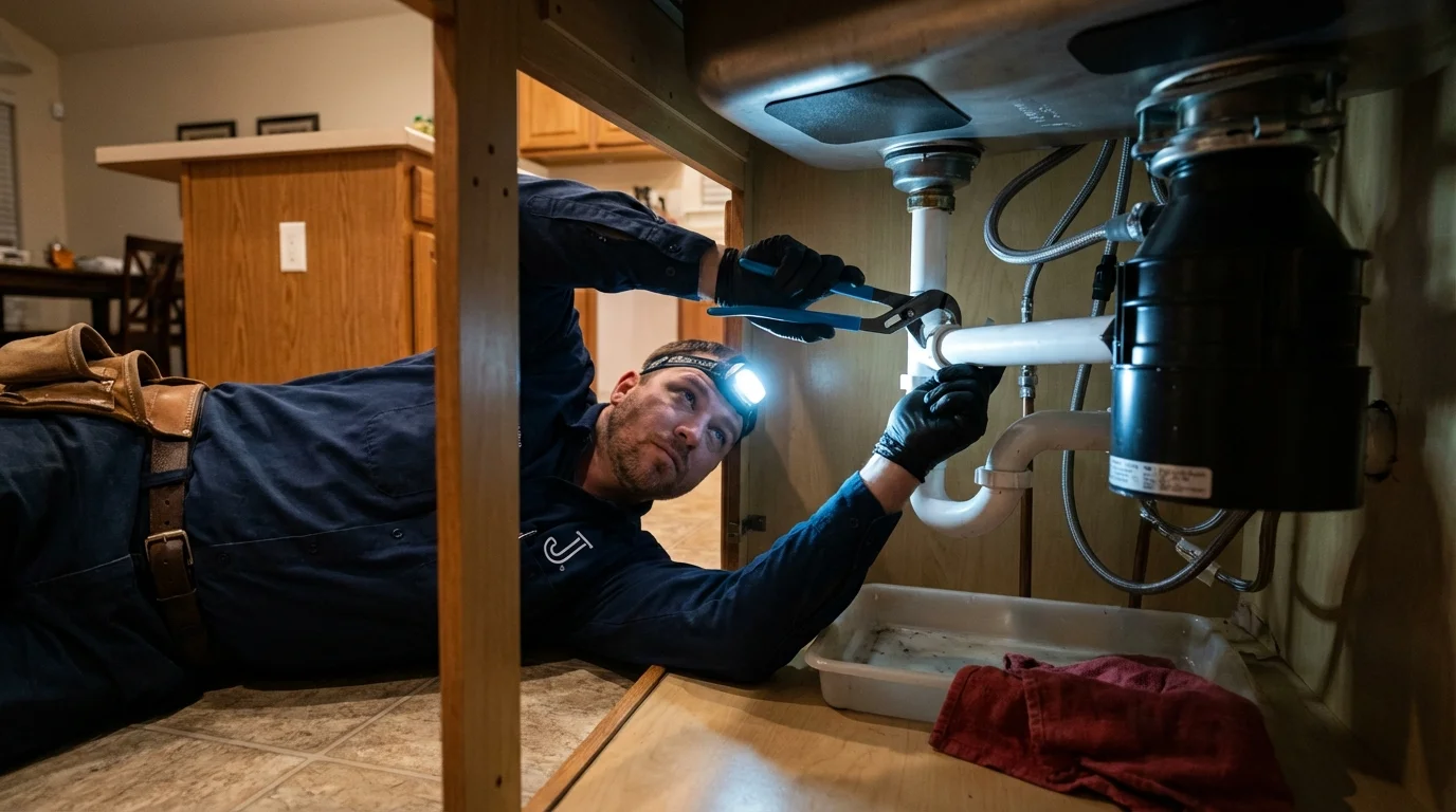 P-trap and supply line connections under a kitchen sink showing a common leak point in Mapleton, UT